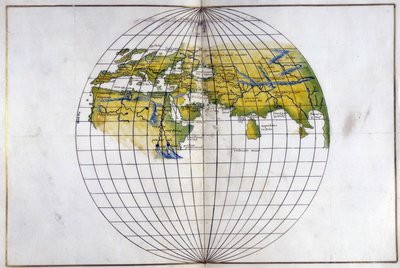 إيجر. 2854. f.14v-15 خريطة نصف الكرة الأرضية للعالم القديم ، من أوروبا وأفريقيا إلى الهند ؛ تظهر انقسامات بطليموس ، حوالي 1540 (ورق) بواسطة باتيستا أغنيسي