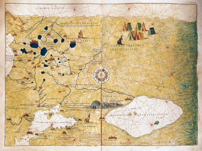 Moschoviae Tabula ، خريطة روسيا والمدن الأوروبية على طول نهر الفولغا بواسطة باتيستا أغنيسي