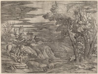 منظر طبيعي مع رجل يقود حصانًا بواسطة Battista Franco after Titian