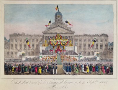 توزيع أعلام الشرف في بروكسل في 27 سبتمبر 1832 ، 1832 (نقش الألوان) بواسطة المدرسة البلجيكية