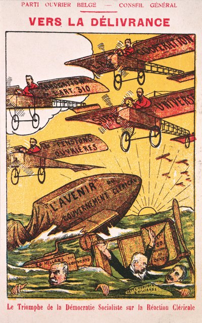 ملصق إعلاني عن حزب العمال البلجيكي Parti Ouvrier Belge قبل عام 1914 بواسطة المدرسة البلجيكية