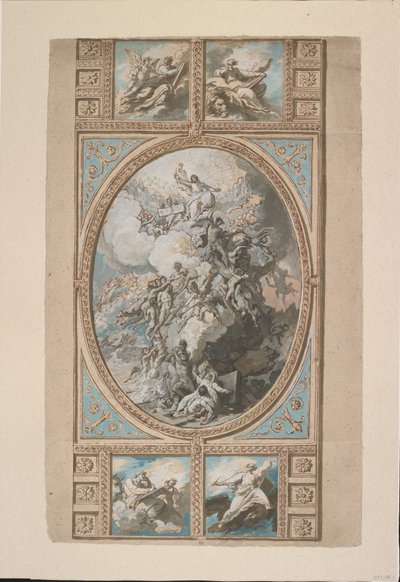 تصميم لتزيين السقف بالكنيسة الملكية ، قلعة وندسور (المستقيم) ، ج 1779 (طباشير أسود ، قلم حبر وحبر بني وألوان مائية ، مرتفع بلمسات بيضاء ورمادية وزرقاء للجسم واللون البني بواسطة بنيامين ويست