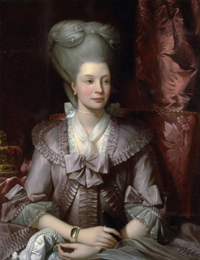 "" الملكة شارلوت (صوفيا - شارلوت ، صوفيا شارلوت) ملكة مكلنبورغ ستريليتس (1744-1818) ، زوجة جورج الثالث ملك إنجلترا "" - باينتنج من قبل ويست ، بنيامين (1738-1820) ملكة المملكة المتحدة شارلوت (1744-1818) ) زيت على قماش 1777 جامعة ييل بواسطة بنيامين ويست