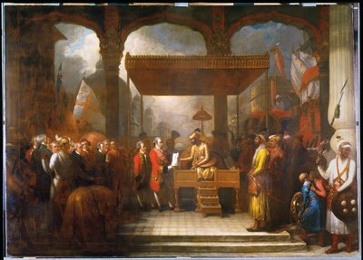 شاه علم ينقل منحة الديواني إلى اللورد كلايف ، أغسطس 1765 (زيت على قماش) بواسطة بنيامين ويست