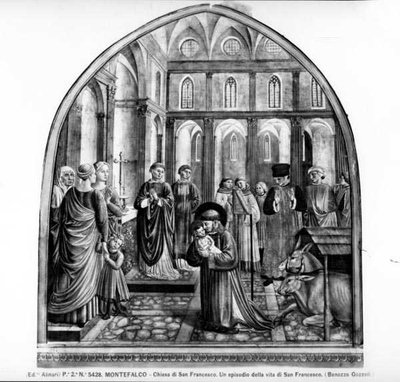 القديس فرنسيس يهز البامبينو في Greccio (في الهواء الطلق) (b / w photo) بواسطة Benozzo di Les di Sandro Gozzoli