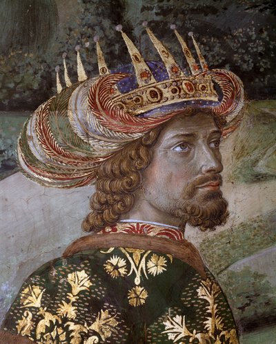 رحلة مجوس كورتيج مجوس القدس إلى بيت لحم تُدعى باللغة الإيطالية "Viaggio dei Magi" أو "Cavalcata dei Magi" تفاصيل بالتازار تحت سمات John VIII Paleologist ، الإمبراطور البيزنطي (John VII Palaiologos (or Palaeologus)) Fresco بواسطة Benozzo di Les di Sandro Gozzoli