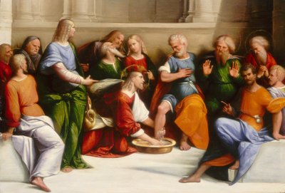 المسيح يغسل أقدام التلاميذ ، ج. 15201525. بواسطة Benvenuto Tisi da Garofalo