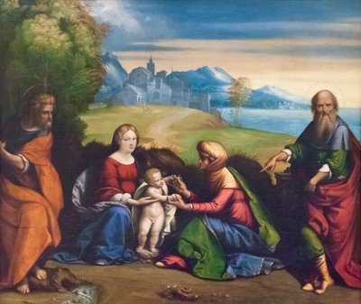 العائلة المقدسة مع القديس يواكيم وحنة (رسم) بواسطة Benvenuto Tisi da Garofalo