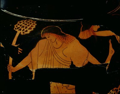 العلامق العلية ذات الشكل الأحمر مزينة بمشهد مناد يمزق Pentheus في ذبيحة ديونية ، تم العثور عليه في Cerveteri ، c.490-480 قبل الميلاد (سيراميك) بواسطة رسام برلين