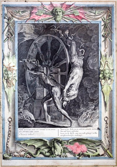 Ixion bound to the eternally turning fiery wheel (coloured engraving) بواسطة برنارد (بعد) بيكارت