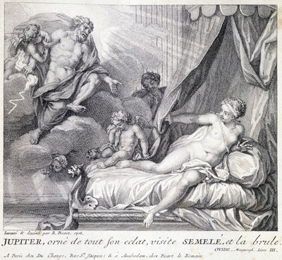 كوكب المشتري (زيوس) يحرق سيميل ببرقه. نقش من القرن الثامن عشر بعد رسم بي. بيكارت عام 1708. بواسطة برنارد (بعد) بيكارت