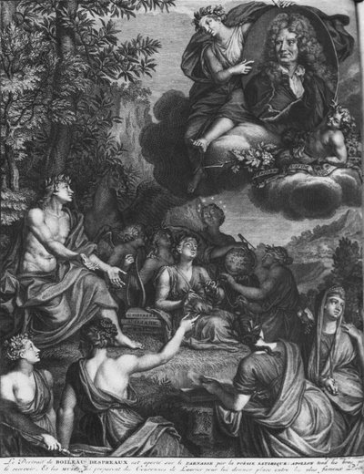 صورة لواجهة "Oeuvres" لنيكولا بويلو ، والمعروفة باسم Boileau-Despreaux ، انتصار Boileau ، المنشورة في عام 1718 ، أمستردام بواسطة برنارد بيكارت