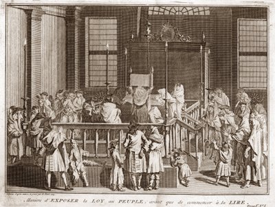 اليهودية: عرض التوراة في كنيس يهودي قبل القراءة) نقش من "" Illustration de ceremonies et Gears دينيوز دي تو ليه بوبل دو موند "بقلم برنارد بيكارت (1723-1743) 1819 مجموعة خاصة بواسطة برنارد بيكارت