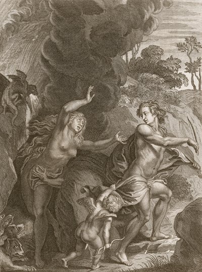 Orpheus ، قيادة يوريديس للخروج من الجحيم ، ينظر إليها ويخسرها إلى الأبد ، 1731 بواسطة برنارد بيكارت