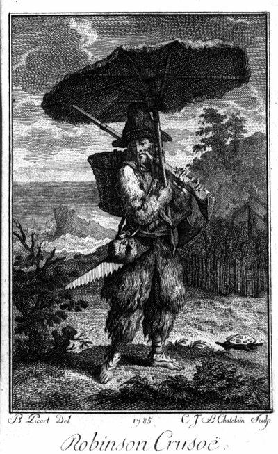تمثيل روبنسون كروزو على جزيرته الصحراوية. نقش برنارد بيكارت (1673-1733) يوضح رواية دانيال ديفو أو دي فو (1660-1731) بواسطة برنارد بيكارت