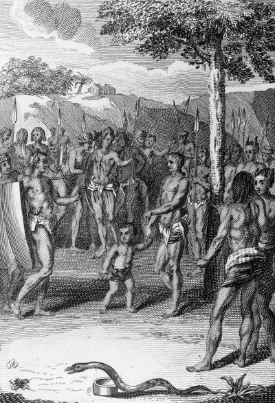 مراسم الطقوس ، مع ثعبان في المقدمة ، غينيا ، من Histoire Generale des Ceremonies، moeurs، et coutumes Religiousness de tous les people du monde ، بقلم أنطوان بانييه (1673-1741) وجان بابتيست لو ماسكرير (1697-1760) بواسطة برنارد بيكارت