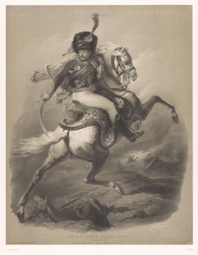 مهاجمة الضابط على ظهور الخيل Le chasseur de la garde (العنوان على الكائن) مطبوعات حجرية جديدة بنوعين من الطباشير (عنوان السلسلة) مجموعات Nouveaux aux deux crayons (عنوان السلسلة على الكائن) بواسطة فرانسوا ديلارو