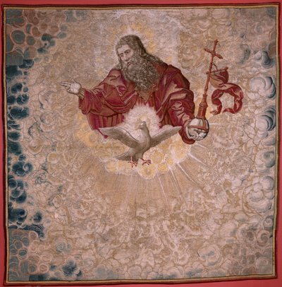 نسيج فلمنكي. سلسلة Dais of Charles V (Baldachin of Margaret of Austria). الله الآب والروح القدس (El Padre Eterno y el Espíritu Santo). نسيج من المنصة. الموديل برنارد فان أورلي (1491-1542). مصنع Pieter de Pannemaker ، بواسطة برنارد فان أورلي