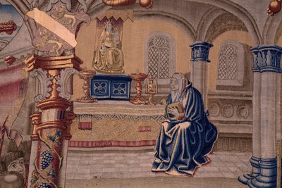 نسيج فلمنكي. سلسلة The Legend of the Madonna of the Sablon (The Legend of Our Lady of the Sablon). وصول تمثال مادونا. صنع بروكسل. رسام الكاريكاتير باريند فان أورلي بواسطة برنارد فان أورلي