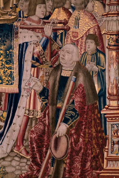 نسيج فلمنكي. سلسلة The Legend of the Madonna of the Sablon (The Legend of Our Lady of the Sablon). وصول تمثال مادونا. صنع بروكسل. رسام الكاريكاتير باريند فان أورلي بواسطة برنارد فان أورلي