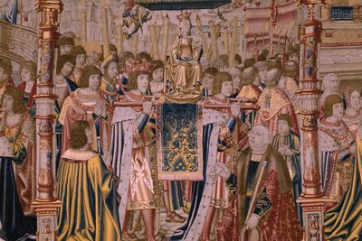 نسيج فلمنكي. سلسلة The Legend of the Madonna of the Sablon (The Legend of Our Lady of the Sablon). وصول تمثال مادونا. صنع بروكسل. رسام الكاريكاتير باريند فان أورلي بواسطة برنارد فان أورلي