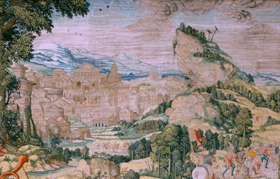 نسيج فلمنكي. سلسلة آلام المسيح. تقع في الطريق إلى الجلجثة (Caída en el camino del Calvario). النسيج الثاني في السلسلة. عارضات الأزياء رسام الكاريكاتير برنارد فان أورلي. مصنع Pieter de Pannemaker ، بروكسل. كاليفورنيا 1518-1523. قماش الذهب والفضة بواسطة برنارد فان أورلي