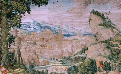 نسيج فلمنكي. سلسلة آلام المسيح. تقع في الطريق إلى الجلجثة (Caída en el camino del Calvario). النسيج الثاني في السلسلة. عارضات الأزياء رسام الكاريكاتير برنارد فان أورلي. مصنع Pieter de Pannemaker ، بروكسل. كاليفورنيا 1518-1523. قماش الذهب والفضة بواسطة برنارد فان أورلي