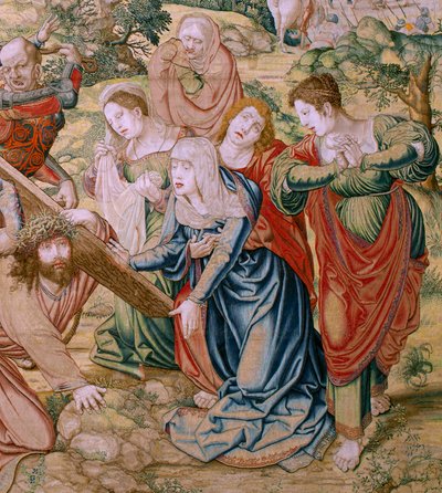 نسيج فلمنكي. سلسلة آلام المسيح. تقع في الطريق إلى الجلجثة (Caída en el camino del Calvario). النسيج الثاني في السلسلة. عارضات الأزياء رسام الكاريكاتير برنارد فان أورلي. مصنع Pieter de Pannemaker ، بروكسل. كاليفورنيا 1518-1523. قماش الذهب والفضة بواسطة برنارد فان أورلي