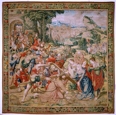 نسيج فلمنكي. سلسلة آلام المسيح. تقع في الطريق إلى الجلجثة (Caída en el camino del Calvario). النسيج الثاني في السلسلة. عارضات الأزياء رسام الكاريكاتير برنارد فان أورلي. مصنع Pieter de Pannemaker ، بروكسل. كاليفورنيا 1518-1523. قماش الذهب والفضة بواسطة برنارد فان أورلي