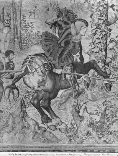 The Hunts of Maximilian ، الجدي ، The Boar Hunt ، تفاصيل Maximilian I 1459-1519 Gobelins Factory انظر أيضًا 138999 نسيج وزن الجسم صورة بواسطة برنارد فان أورلي