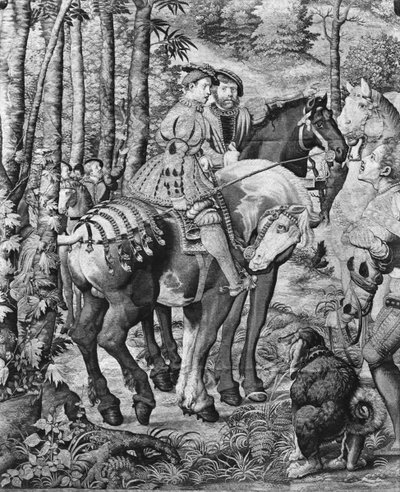 The Hunts of Maximilian، Leo، The Stag Hunt، the Report، Gobelins Factory (نسيج) بواسطة برنارد فان أورلي
