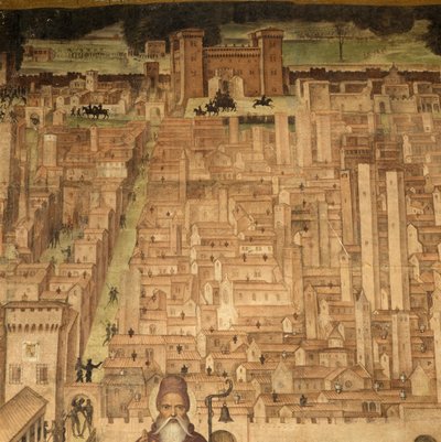 St Anthony and view of Pavia, detail from Stories of St Theodore cycle, frescoes by Bernardino Lanzani (1460-1530 ca), St Theodore