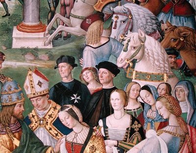 إينيس سيلفيوس بيكولوميني (1405-64) يقدم إليونورا من أراغون إلى فريدريك الثالث (1415-93) في 24 فبراير 1452 (جصية) (التفاصيل) بواسطة برناردينو دي بيتو بينتوريتشيو