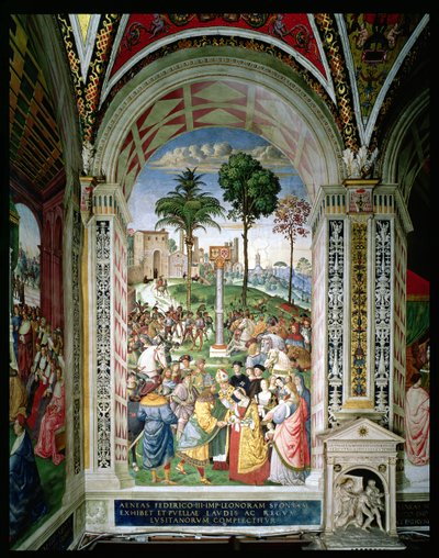 إينيس سيلفيوس بيكولوميني (1405-64) يقدم إليونورا من أراغون إلى فريدريك الثالث (1415-1993) في 24 فبراير 1452 (في الهواء الطلق) بواسطة برناردينو دي بيتو بينتوريتشيو