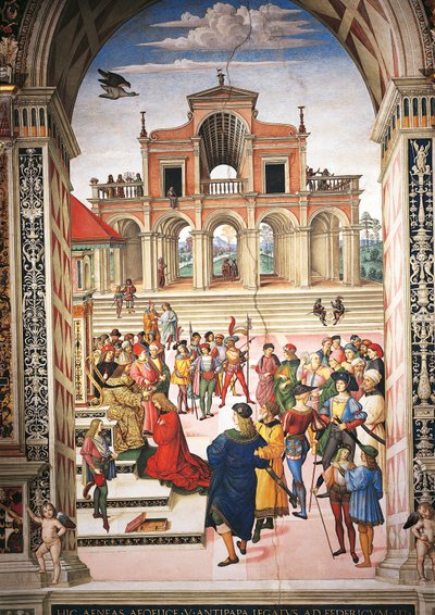 إيطاليا ، سيينا ، الكاتدرائية ، مكتبة Piccolomini ، Enea Silvio Piccolomini حصل على جائزة الشاعر من قبل الإمبراطور فريدريك الثالث ، تفاصيل من قصص بيوس الثاني بواسطة برناردينو دي بيتو بينتوريتشيو