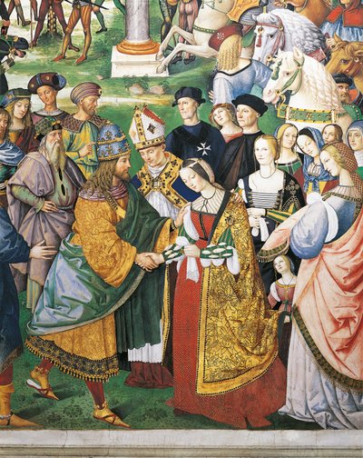 إيطاليا ، سيينا ، الكاتدرائية ، مكتبة Piccolomini ، Enea Silvio Piccolomini ، أسقف سيينا يحضر تتويج فريدريك الثالث وإليانور من أراغون ، تفاصيل من قصص بيوس الثاني بواسطة برناردينو دي بيتو بينتوريتشيو