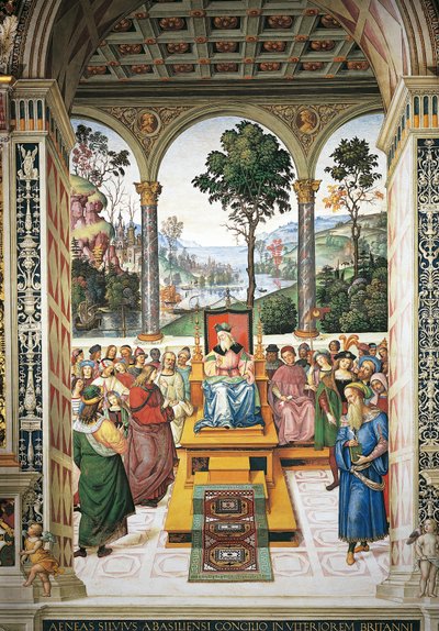 إيطاليا ، سيينا ، الكاتدرائية ، مكتبة Piccolomini ، Enea Silvio Piccolomini يلقي خطابًا أمام الملك جيمس الأول ملك اسكتلندا ، تفاصيل من قصص بيوس الثاني بواسطة برناردينو دي بيتو بينتوريتشيو