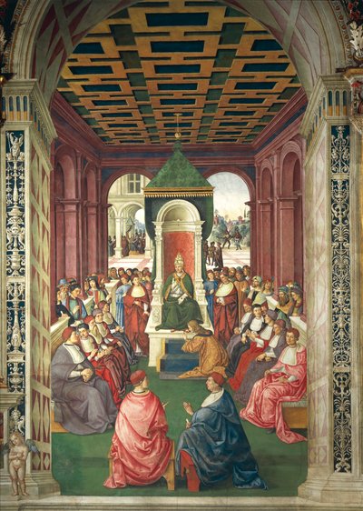 إيطاليا ، سيينا ، الكاتدرائية ، مكتبة Piccolomini ، Enea Silvio Piccolomini في حالة التقديم إلى البابا أوجينيوس الرابع ، تفاصيل من قصص بيوس الثاني بواسطة برناردينو دي بيتو بينتوريتشيو