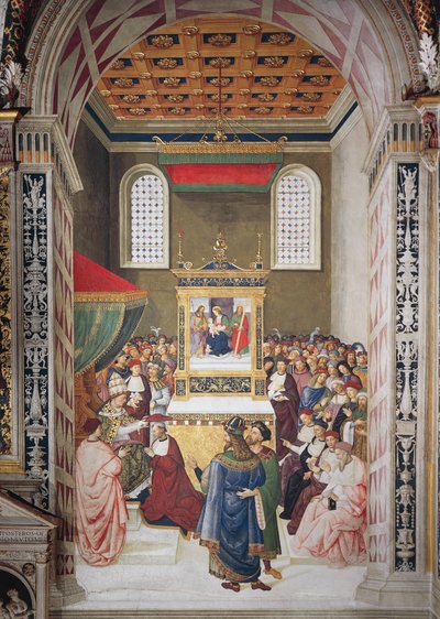 إيطاليا ، سيينا ، الكاتدرائية ، مكتبة Piccolomini ، Enea Silvio Piccolomini تلقي قبعة الكاردينال من Calixtus III ، تفاصيل من Stories of Pius II بواسطة برناردينو دي بيتو بينتوريتشيو