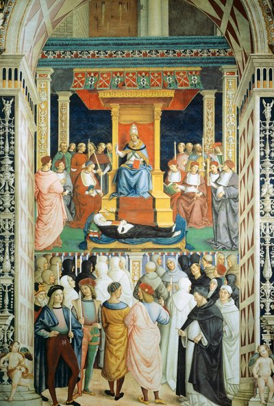 أعلن بيوس الثاني تقديس القديسة كاثرين دي سيينا عام 1461 بواسطة برناردينو دي بيتو بينتوريتشيو