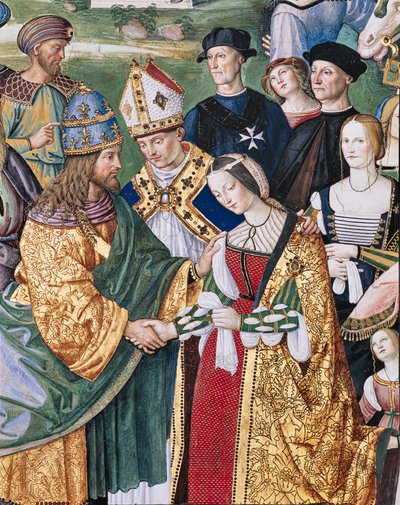 مكتبة Piccolomini ، الجدار الجنوبي الشرقي: "Aeneas Sylvius يقدم Eleonora of Aragona إلى Frederick III ، 24 فبراير بواسطة برناردينو دي بيتو بينتوريتشيو
