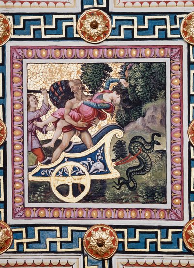 مكتبة Piccolomini ، السقف: "اغتصاب Proserpina" ، لوحة جدارية لبرناردينو دي بيتو ، المعروفة باسم Pinturicchio. في اللوحة يندفع بلوتو بعيدًا في عربته ، يتدحرج بروسيربين بين ذراعيه ويهدد أحد رفاق الإلهة بلوتو. بواسطة برناردينو دي بيتو بينتوريتشيو
