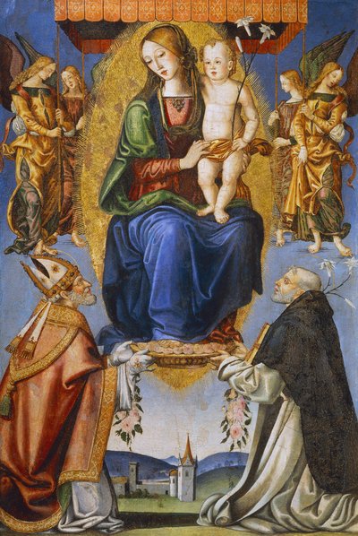 Madonna and Child with St Severino and Dominic (tempera on canvas) بواسطة برناردينو دي ماريوتو