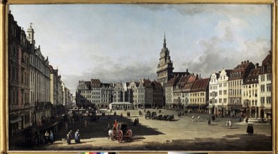 "" السوق القديم في دريسدن "(السوق القديم في دريسدن) لوحة رسمها برناردو بيلوتو (1720-1780) 1750-1752 متحف بوشكين ، موسكو بواسطة برناردو بيلوتو (كاناليتو)