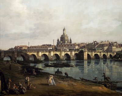 منظر لدريسدن من الضفة اليمنى لإلبه من أعلى جسر أغسطس ، حوالي عام 1750 (زيت على قماش) بواسطة برناردو بيلوتو (كاناليتو)