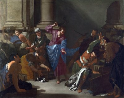 "المسيح يقود التجار من المعبد" (المسيح يقود التجار من المعبد) لوحة لبرناردو كافالينو (1616-1656) حوالي 1645 حجم 101x127.6 سم المعرض الوطني ، لندن بواسطة برناردو كافالينو