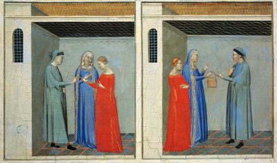 Predella with Stories of Sacra Cintola: زواج مايكل يتلقى مهر Sacra Cintola ، بقلم برناردو دادي (1290-1348) بواسطة برناردو دادي