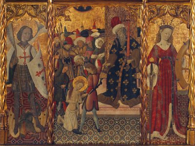 القديس ميخائيل وسانت كاترين ، يؤطران استشهاد القديس يولاليا من برشلونة (289-304) - رسم بيرنات مارتوريل (1390-1452) ، تمبرا على الخشب (143.5 × 188 سم) ، حوالي 1442-1445 - القديس ميخائيل ، استشهاد القديس يولاليا وسانت كاترين ، تيم بواسطة بيرنات مارتوريلي