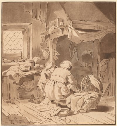 داخل منزل فلاح مع امرأتين ، 1772 ، نُشر عام 1787. بواسطة برنارد شرودر