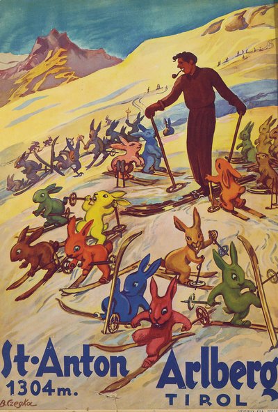 سانت أنتون، أرلبرغ، حوالي عام 1930 (صورة حجرية ملونة) بواسطة بيرثا زيجكا